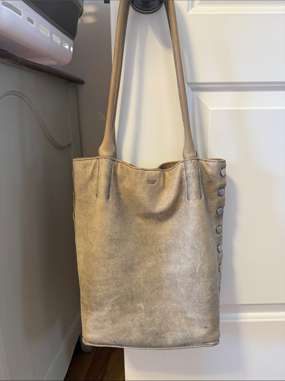 Hammitt Medium Oliver tote in grey (pewter) distressed leather.